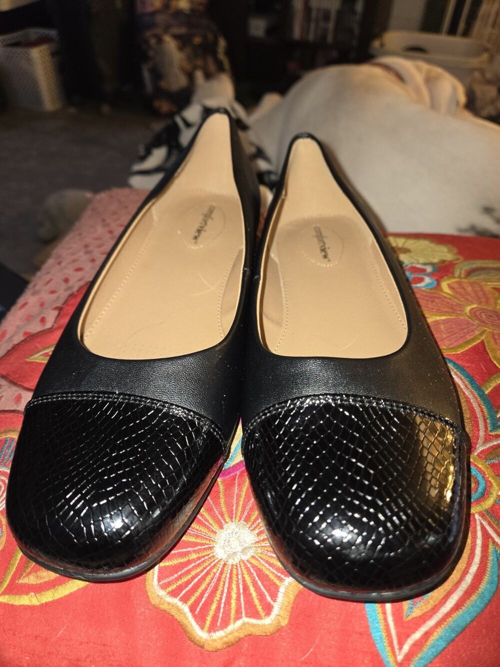 Comfortview The Fay Black Ballet Flats Size 10.5 WW Extra Wide Reptile Cap NWOB
